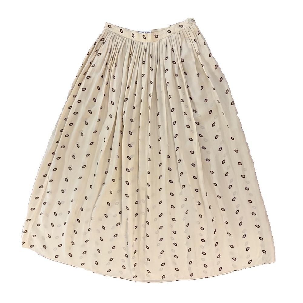 Vintage 100% silk Calvin Klein pleated midi skirt size 4 cream brown elegant